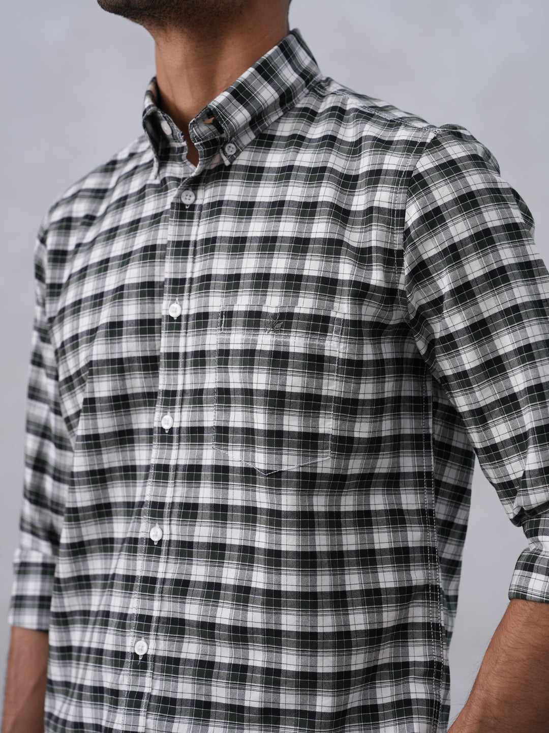 Green Checked 100% Cotton Button-Down Collar Shirt