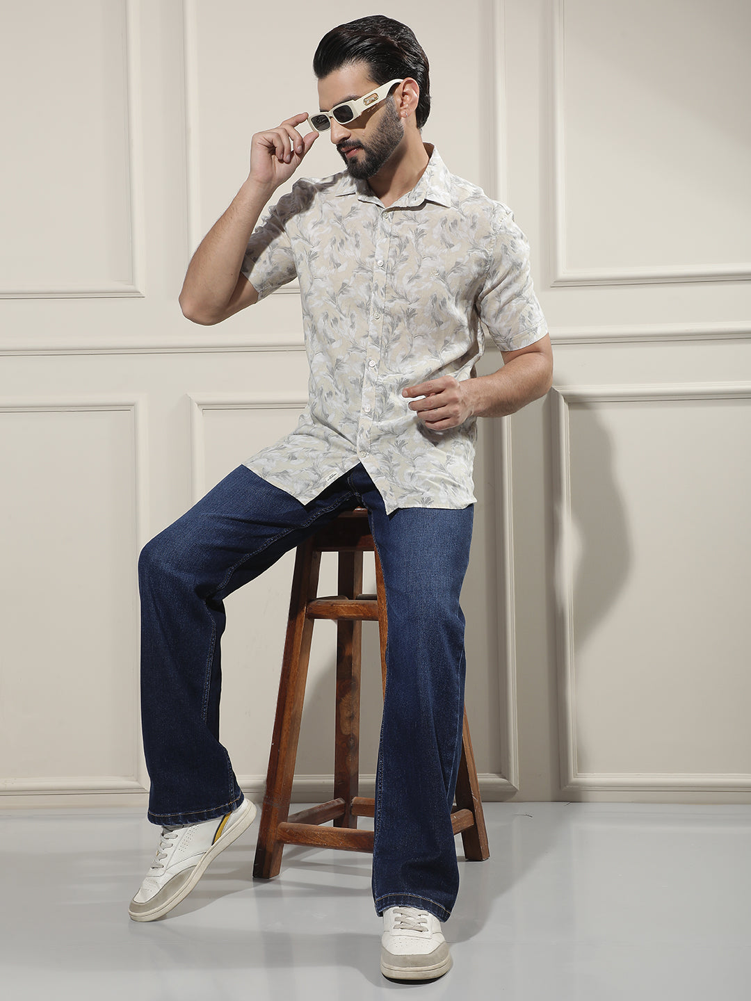 Grey Floral Print Linen Shirt