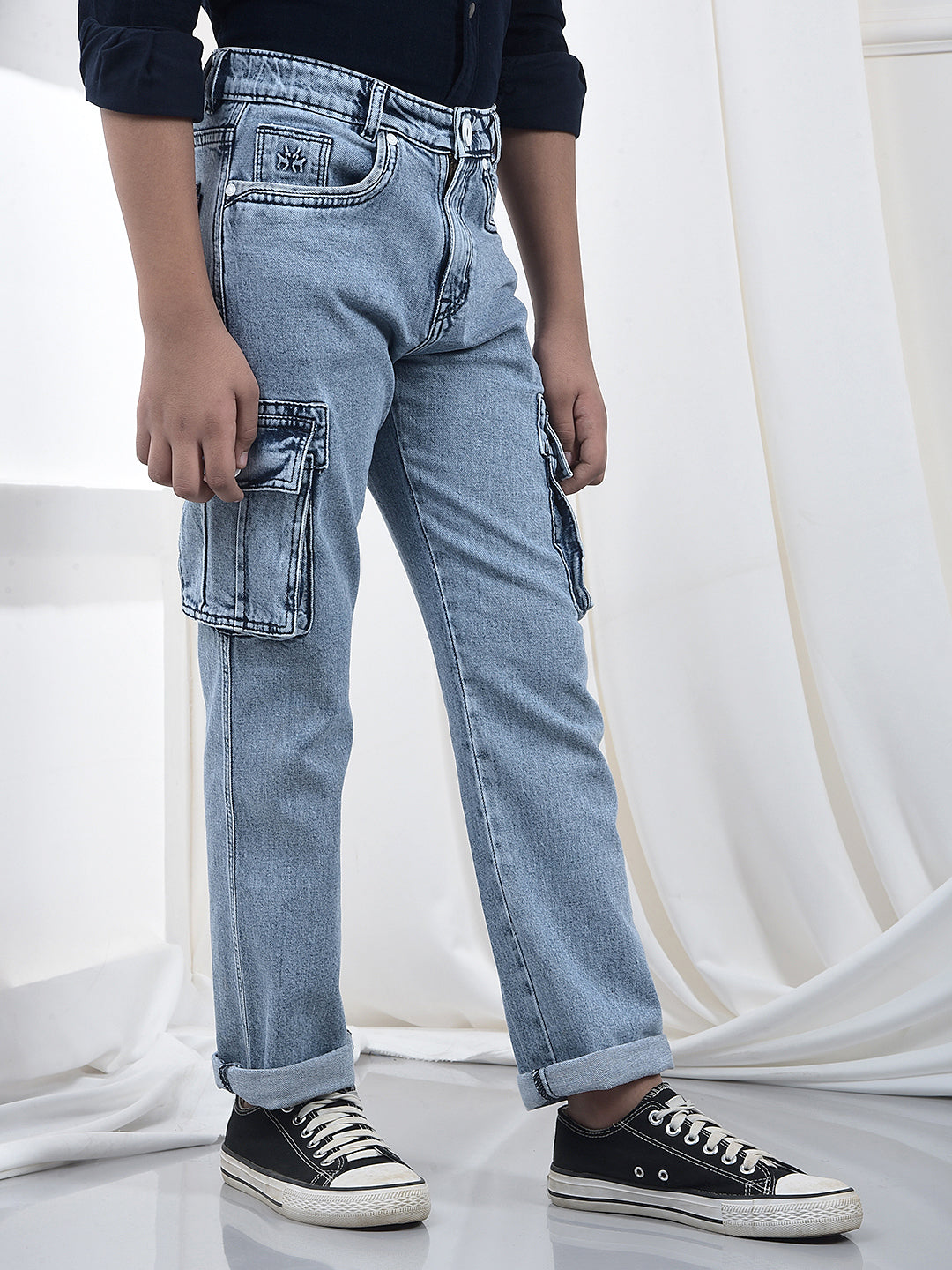 Blue 100% Cotton Straight Cargo Jeans