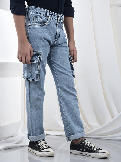 Blue 100% Cotton Straight Cargo Jeans