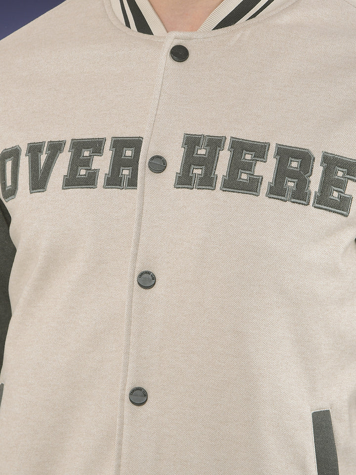 Beige Varsity Shacket With Slogan Printed