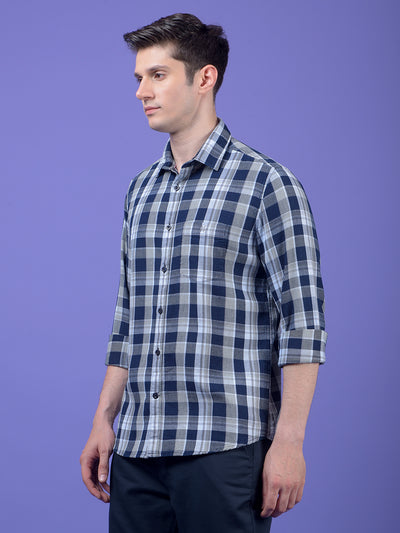 Navy Blue Checked 100% Cotton Shirt