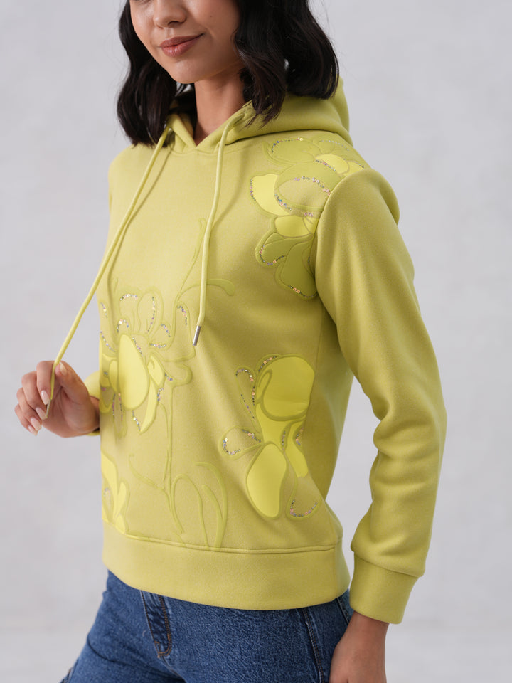 Green Embellished Hooded Neck Sweatshirt