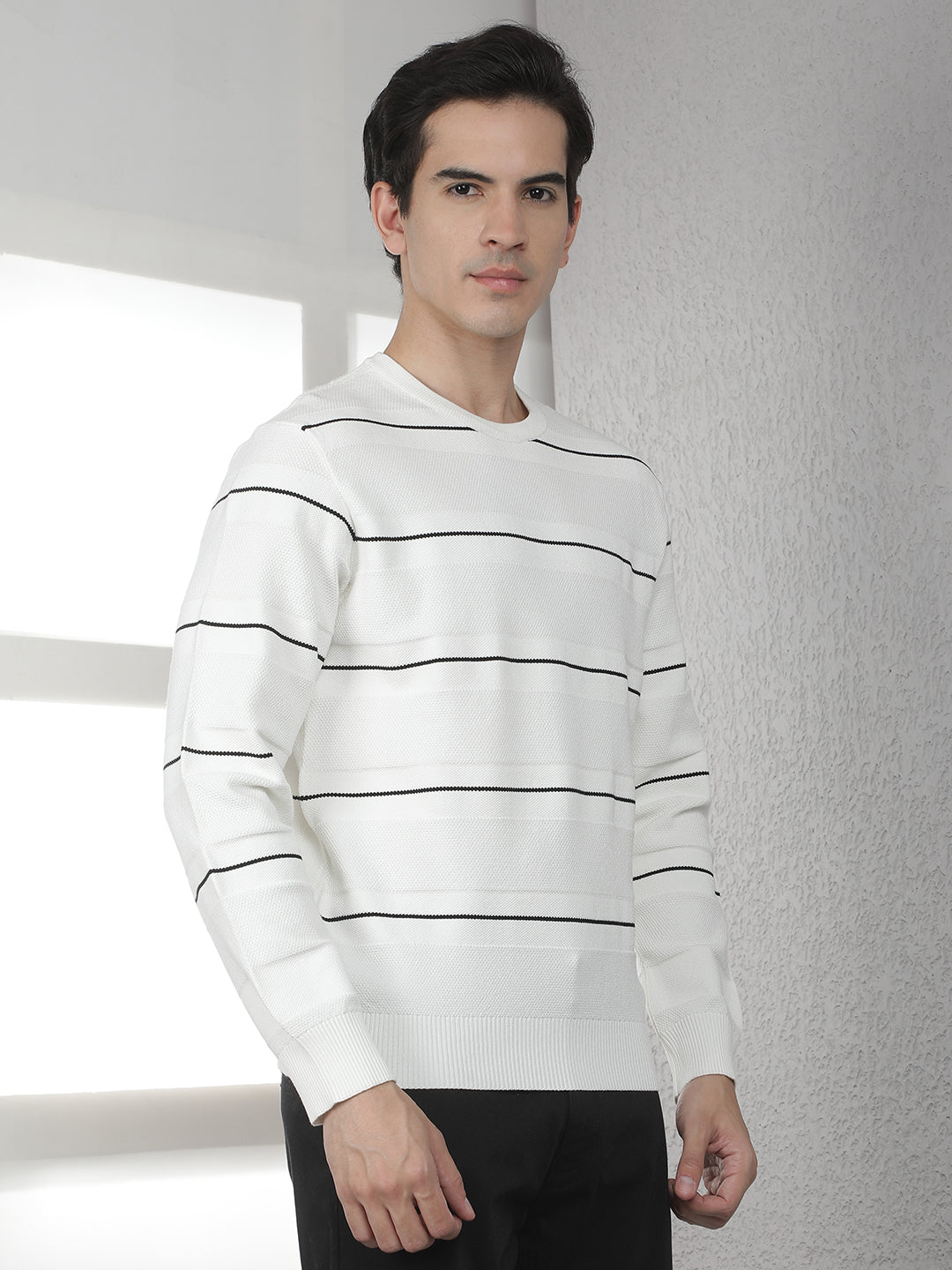White Horizontal Stripes Round Neck Sweater