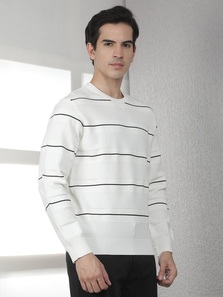 White Horizontal Stripes Round Neck Sweater