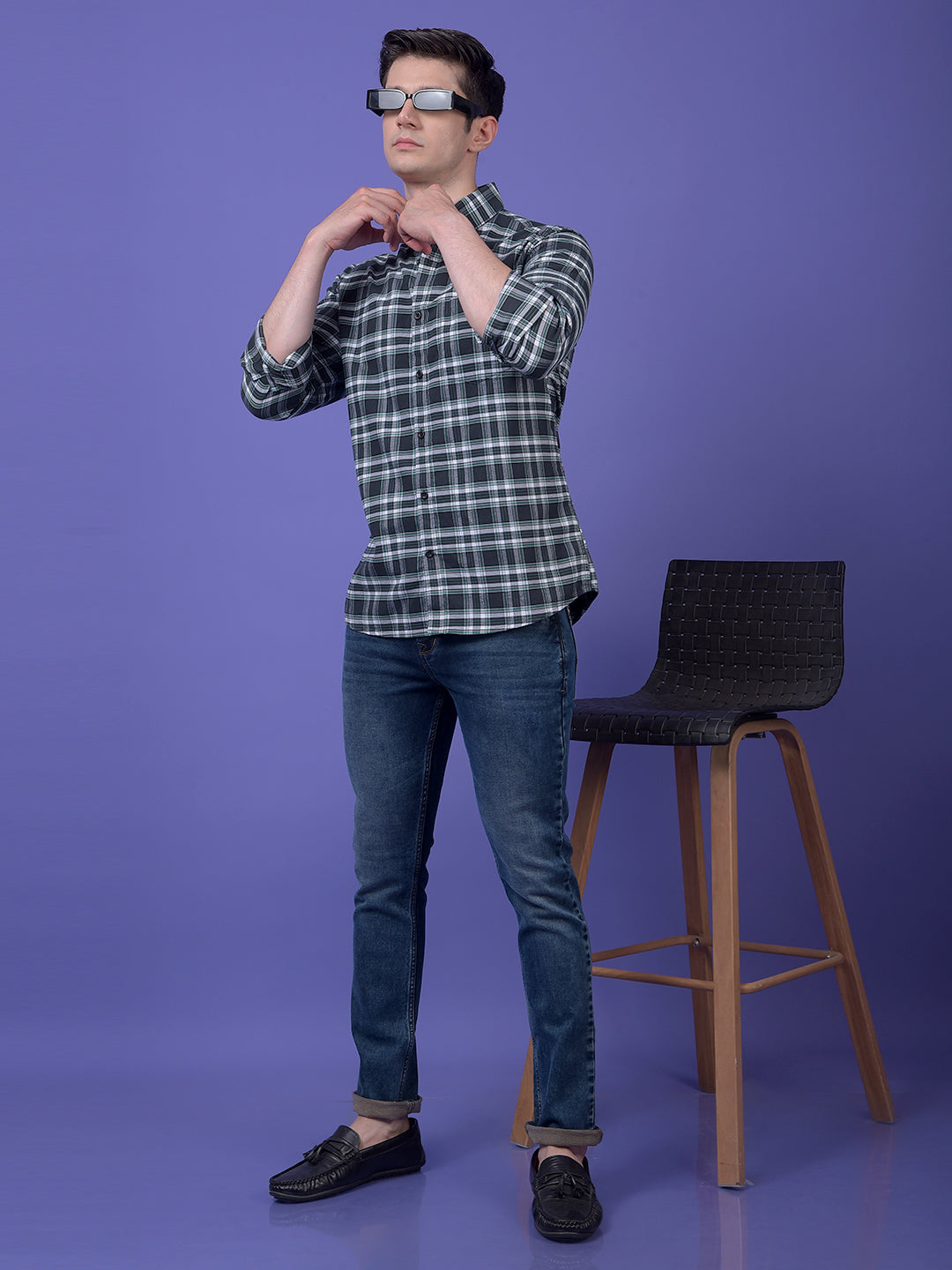 Green Checked Button-Down Collar 100% Cotton Shirt