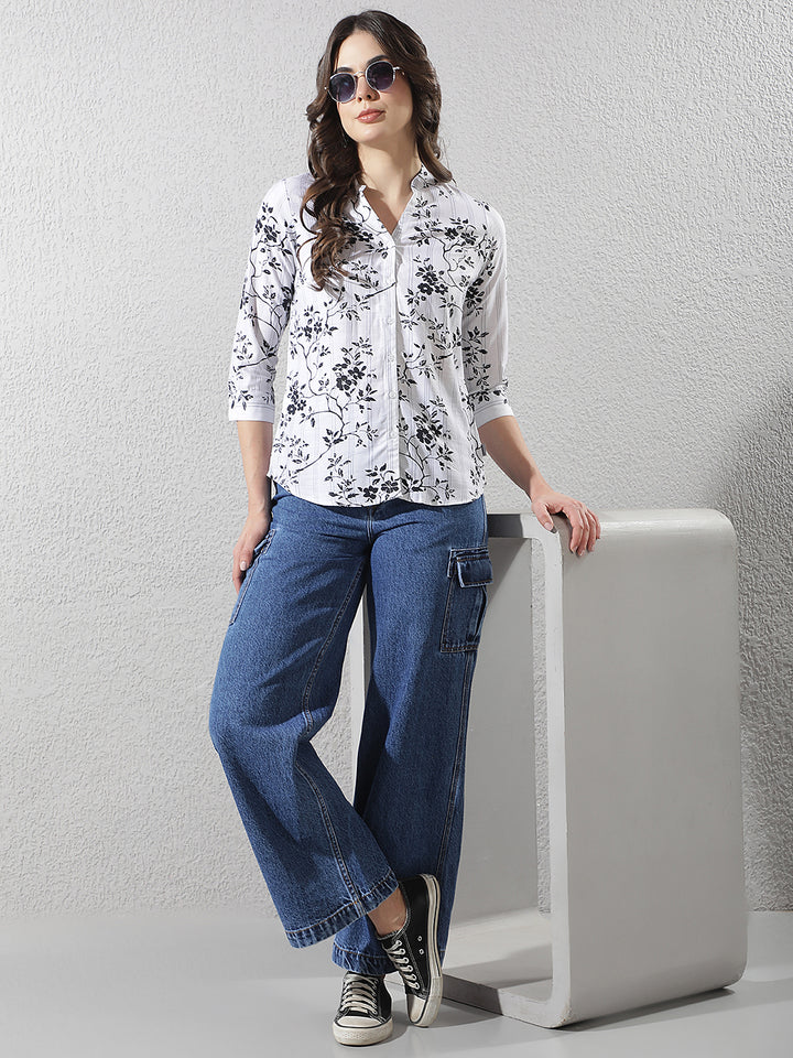 Black Floral Print V-Neck Linen Shirt