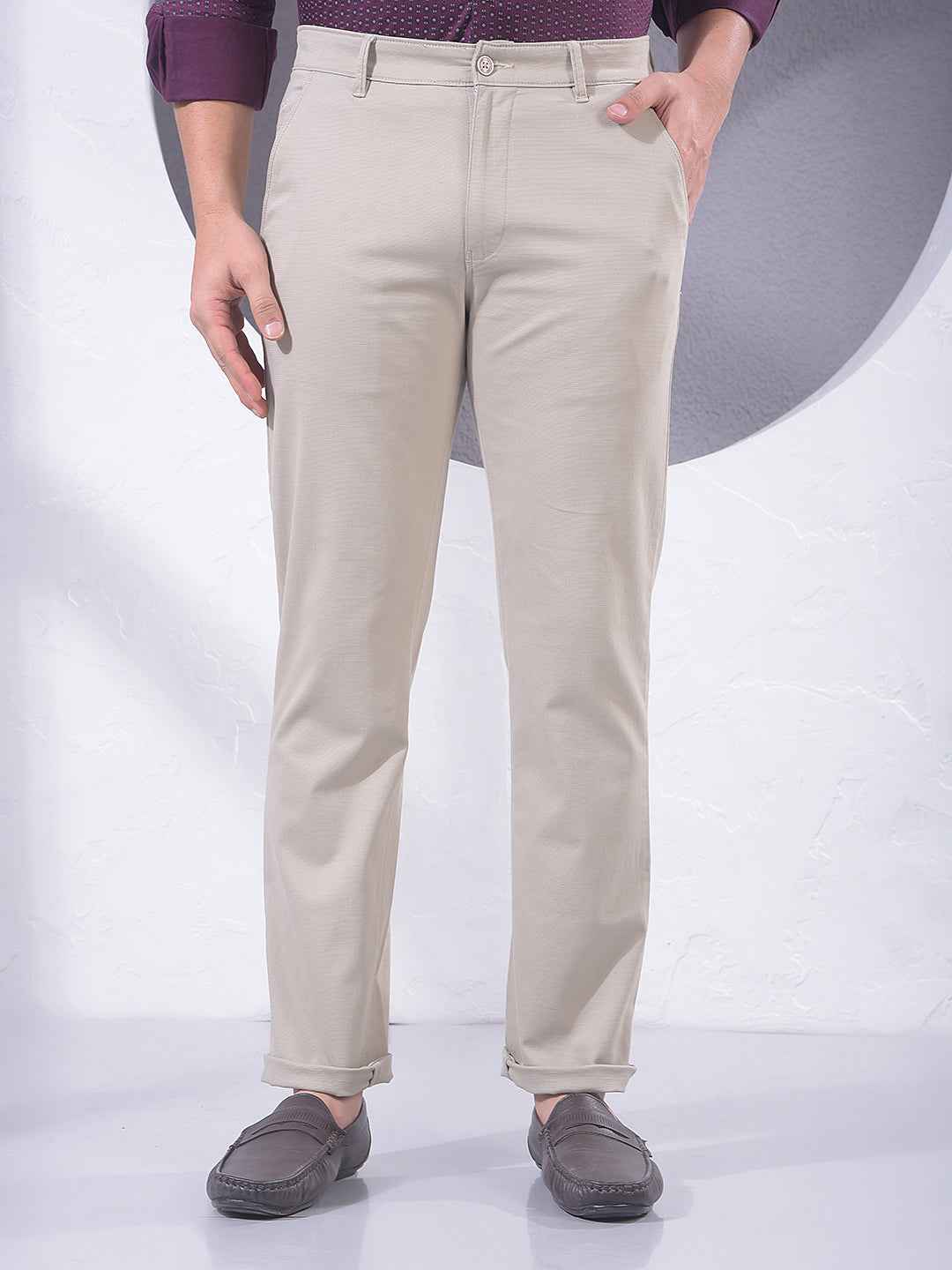 Beige Printed Straight Trousers