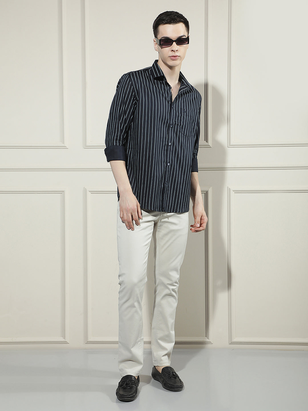 Navy Blue Vertical Striped Shirt