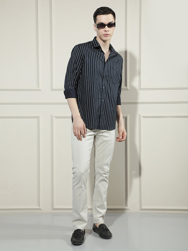 Navy Blue Vertical Striped Shirt