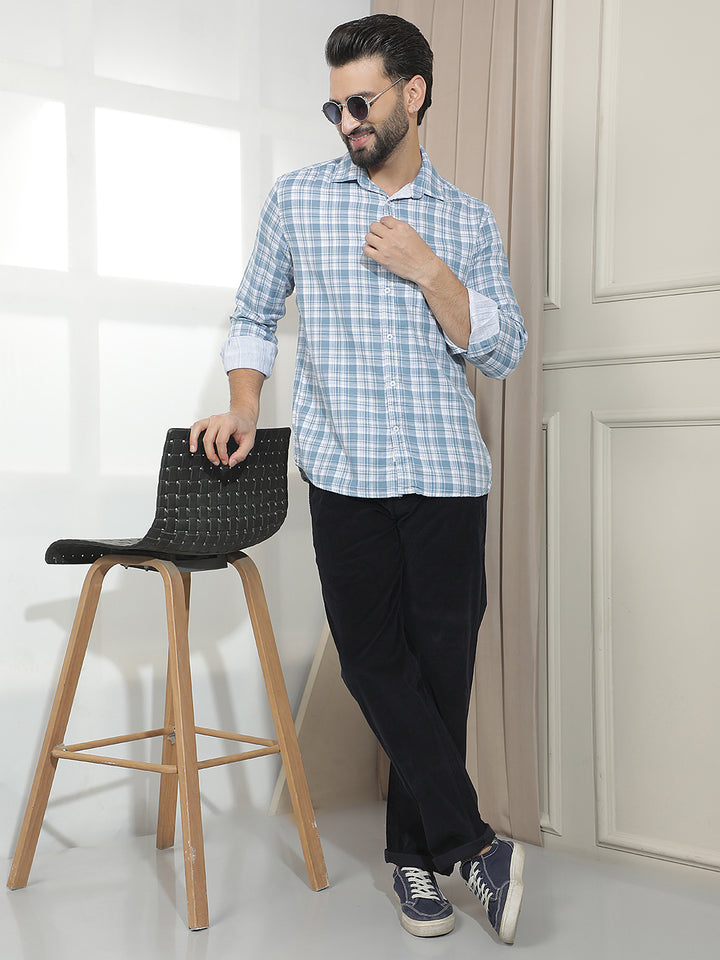Sky Blue 100% Cotton Checked Shirt