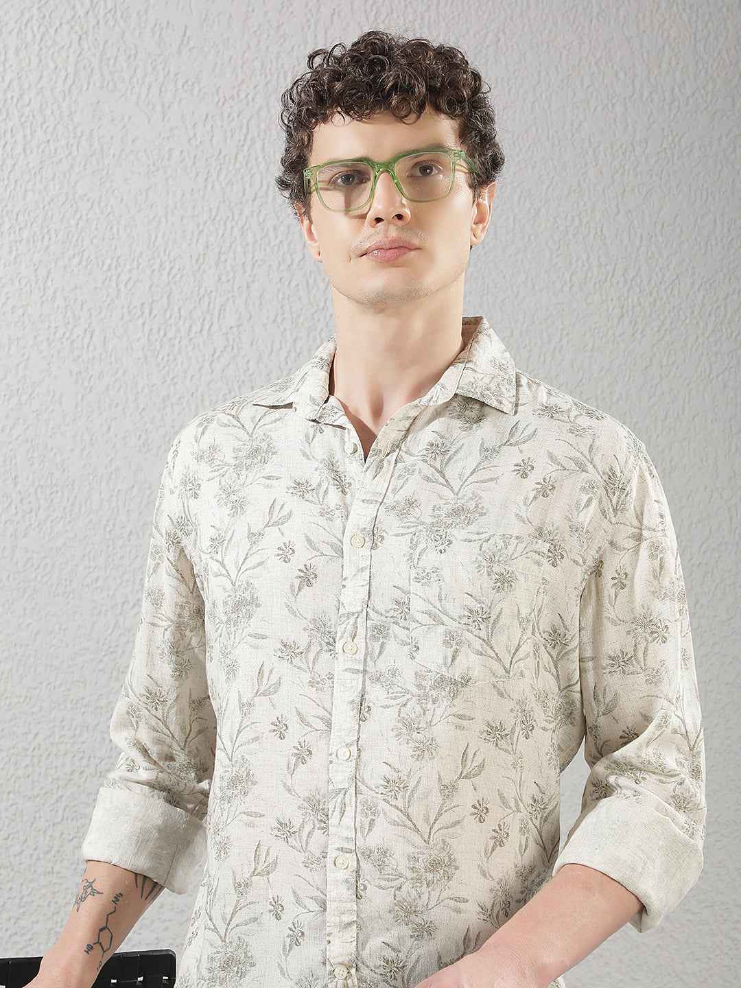 Linen Olive Floral Print Shirt