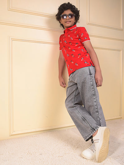 Red Floral Print Polo Neck T-Shirt