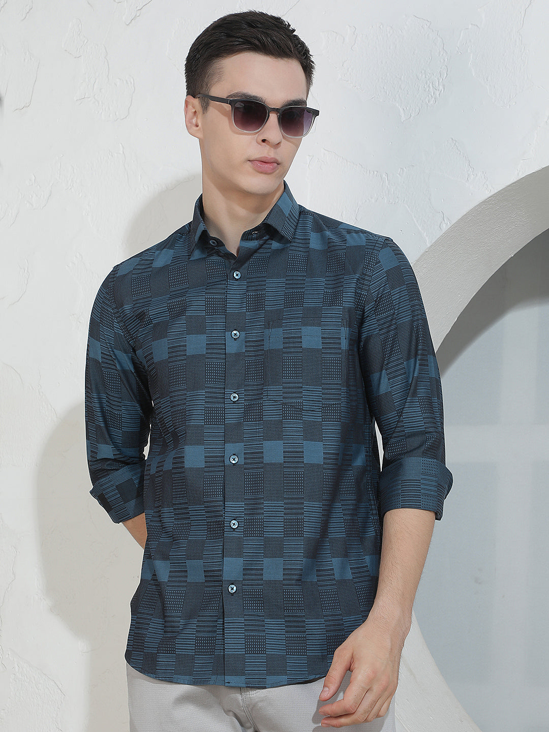 Teal Blue Geometric Print 100% Cotton Shirt
