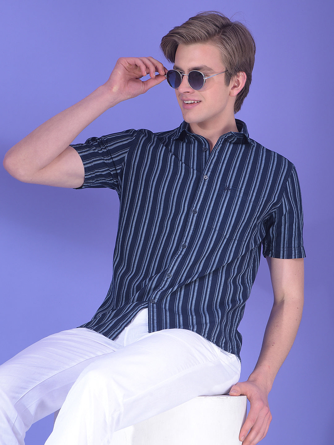 Navy Blue Vertical Stripes 100% Cotton Shirt