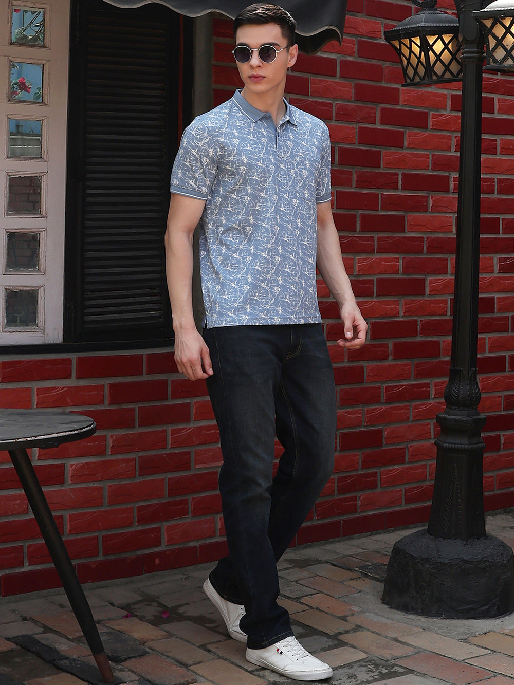 Blue Printed Polo Neck T-Shirt