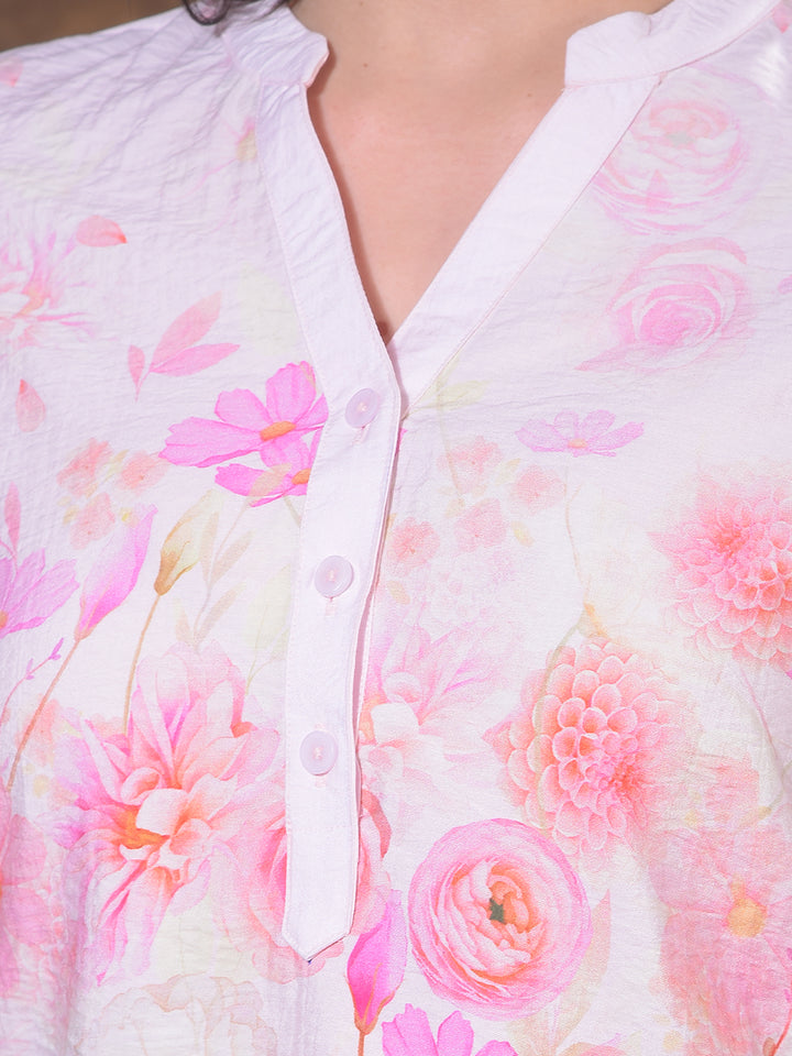 Pink Floral Print V-Neck Crop Top