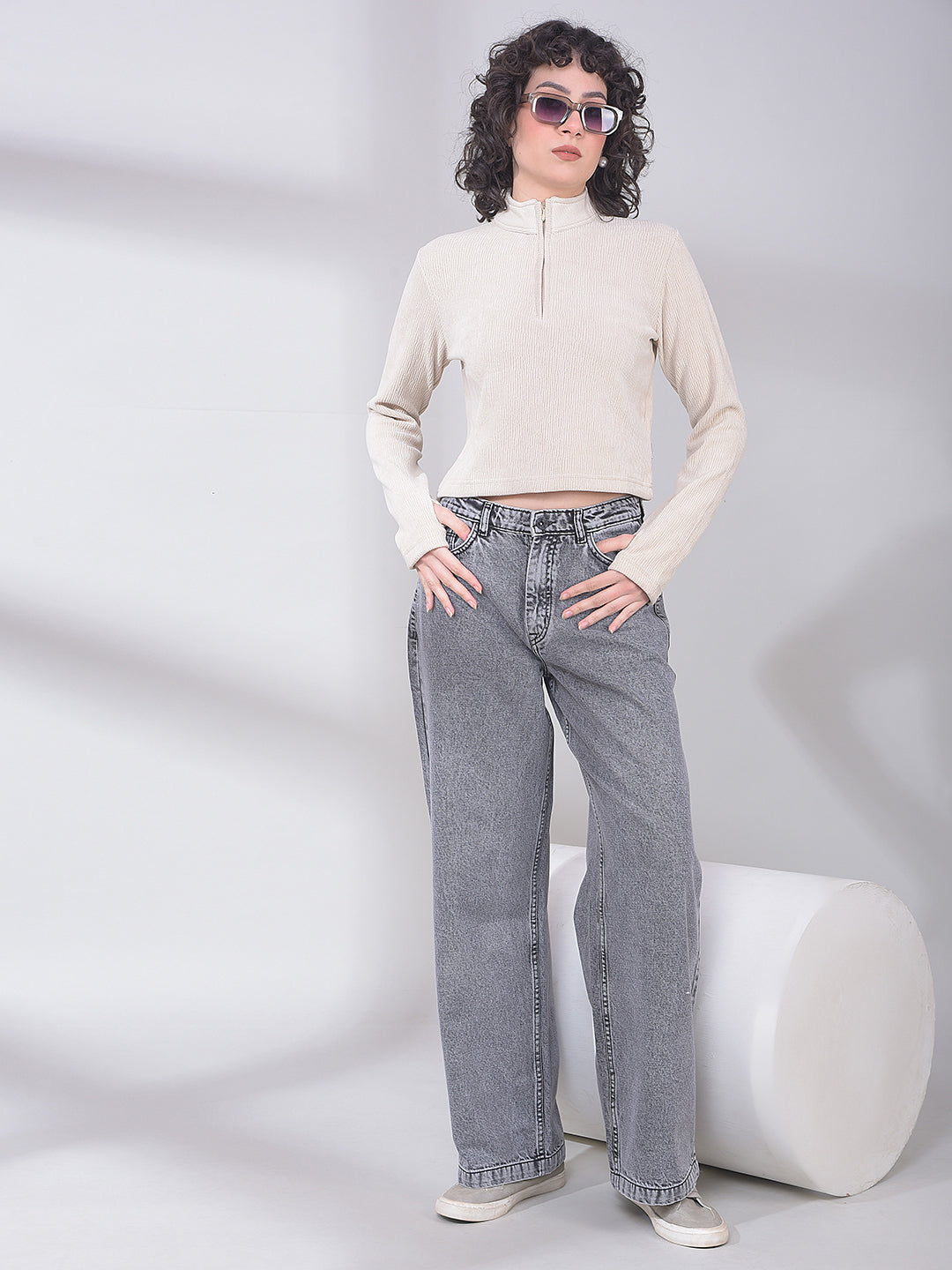 Soft Ivory Ribbed Zip-Neck Crop Top