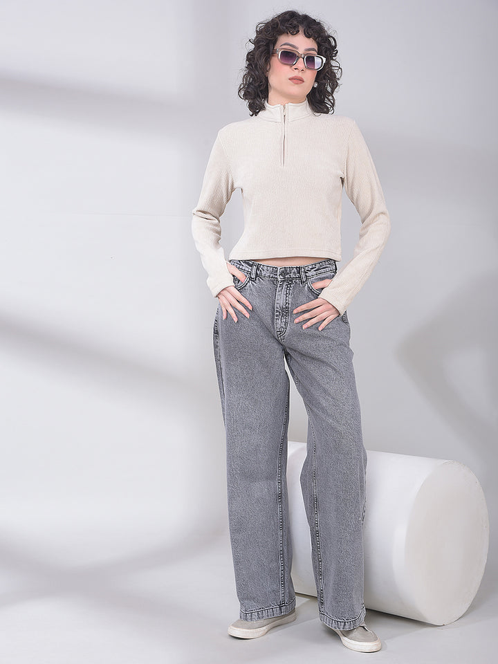 Soft Ivory Ribbed Zip-Neck Crop Top