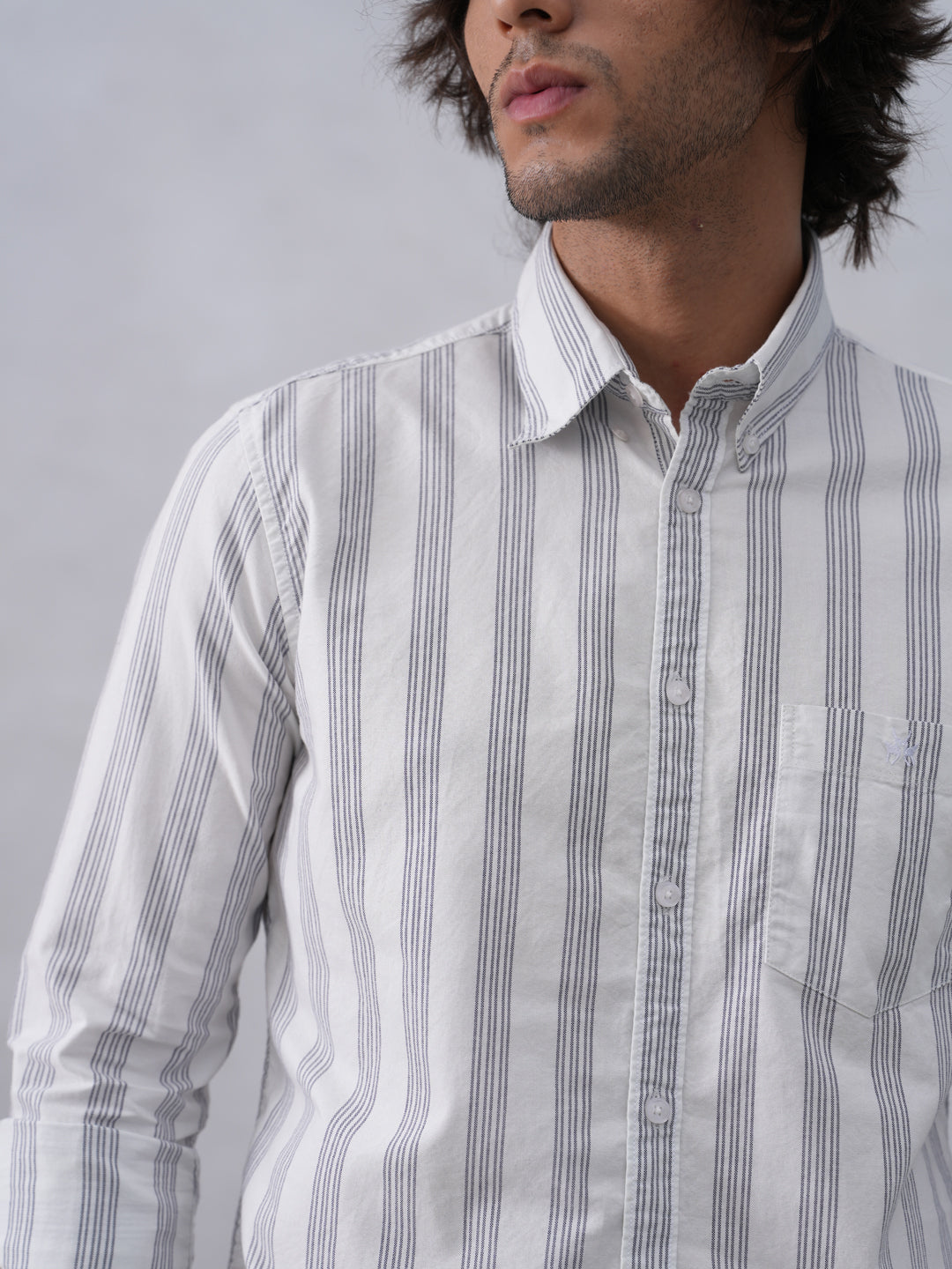 White Vertical Stripes 100% Cotton Button-Down Collar Shirt
