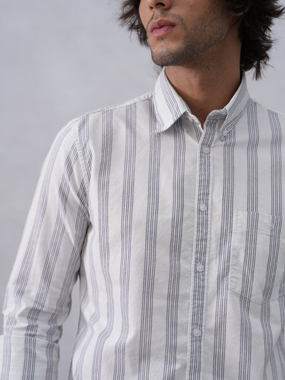 White Vertical Stripes 100% Cotton Button-Down Collar Shirt