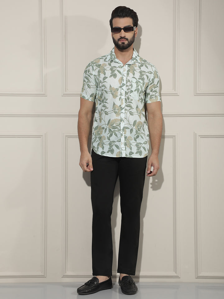 Green Floral Print Linen Shirt