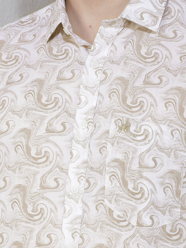 Beige Abstract Print Linen Shirt