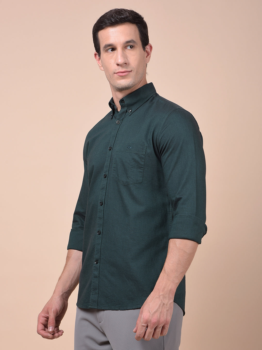 Green Button-Down Collar 100% Cotton Shirt