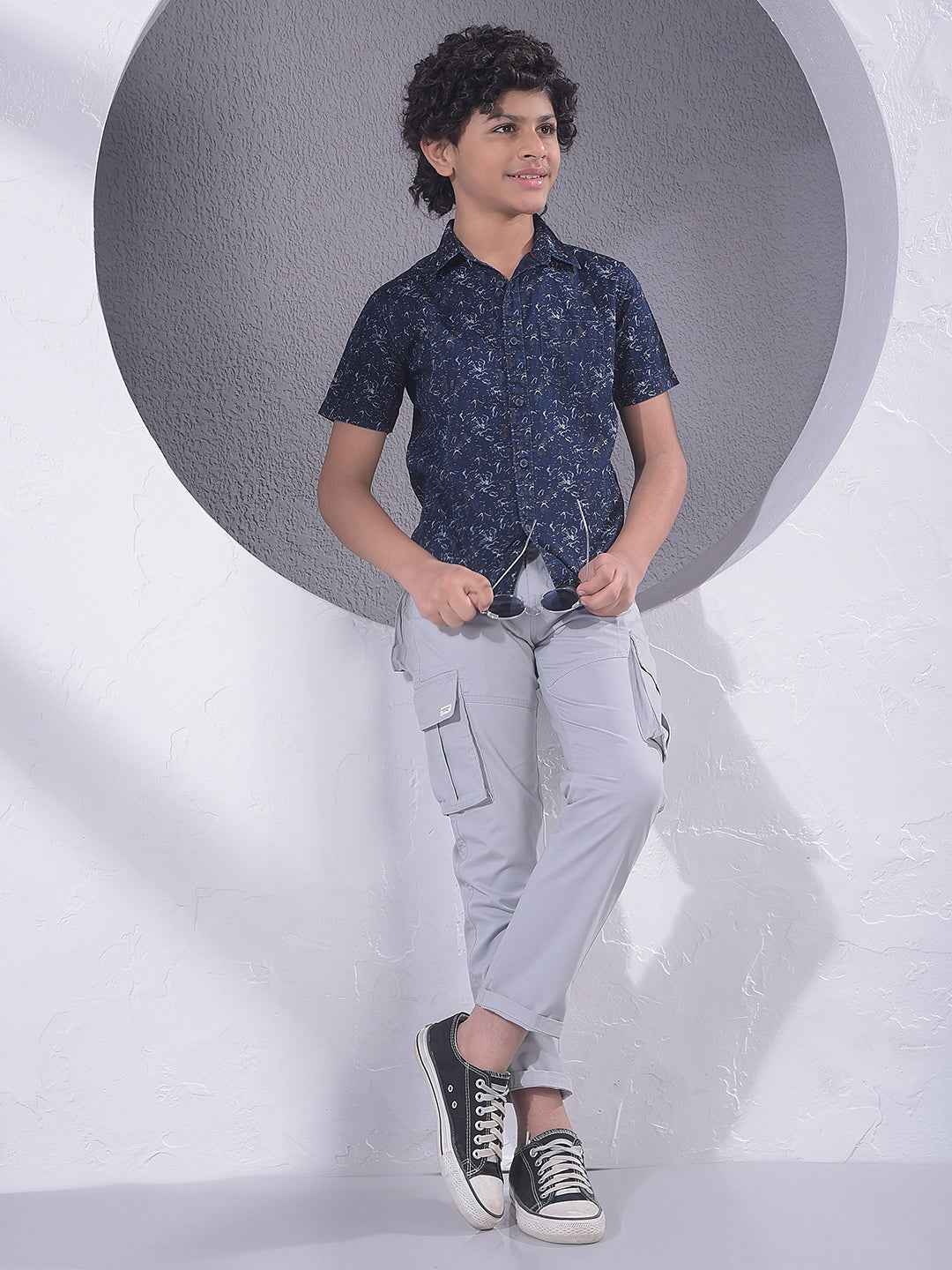 Navy Blue Floral Print 100% Cotton Shirt