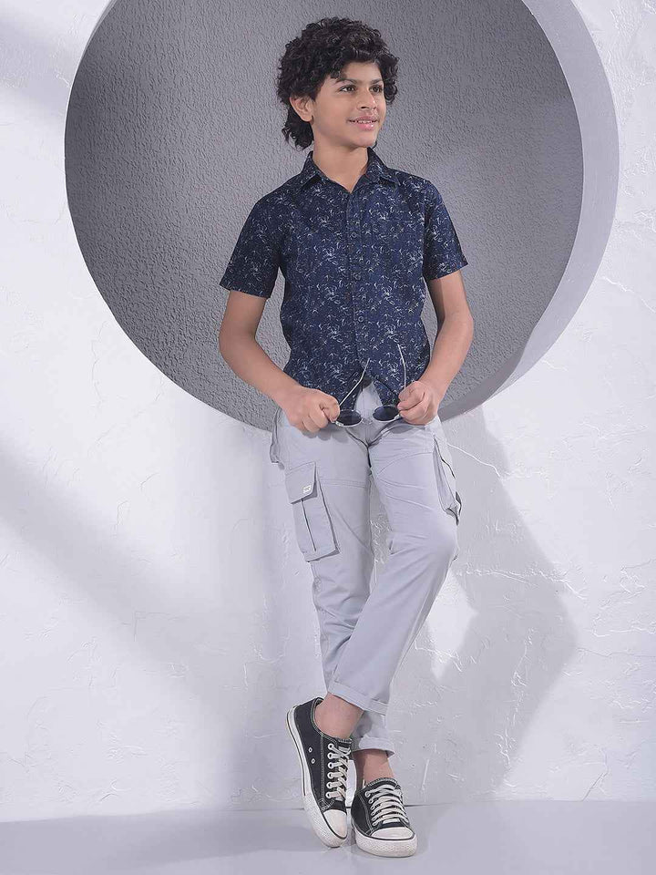 Navy Blue Floral Print 100% Cotton Shirt