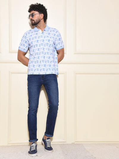 Blue Printed Polo Neck 100% Cotton T-Shirt