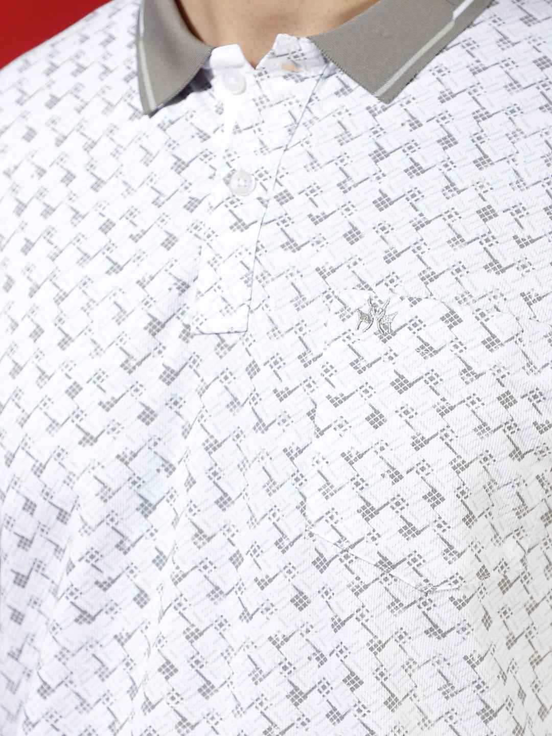 Grey Geometric Print Polo T-Shirt