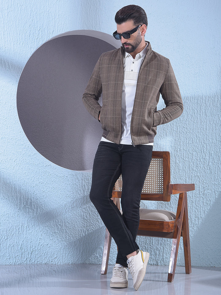 Brown Herringbone Check Bomber Jacket