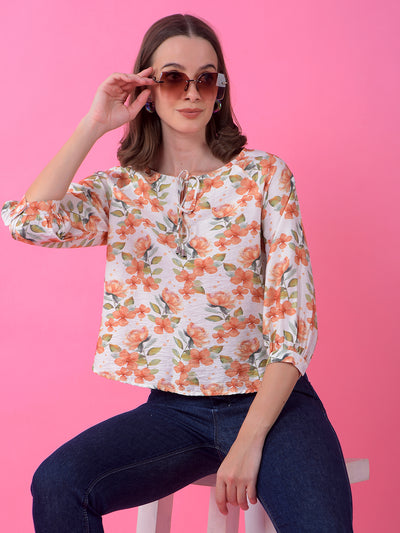 Peach Floral Print Tie-Up Top