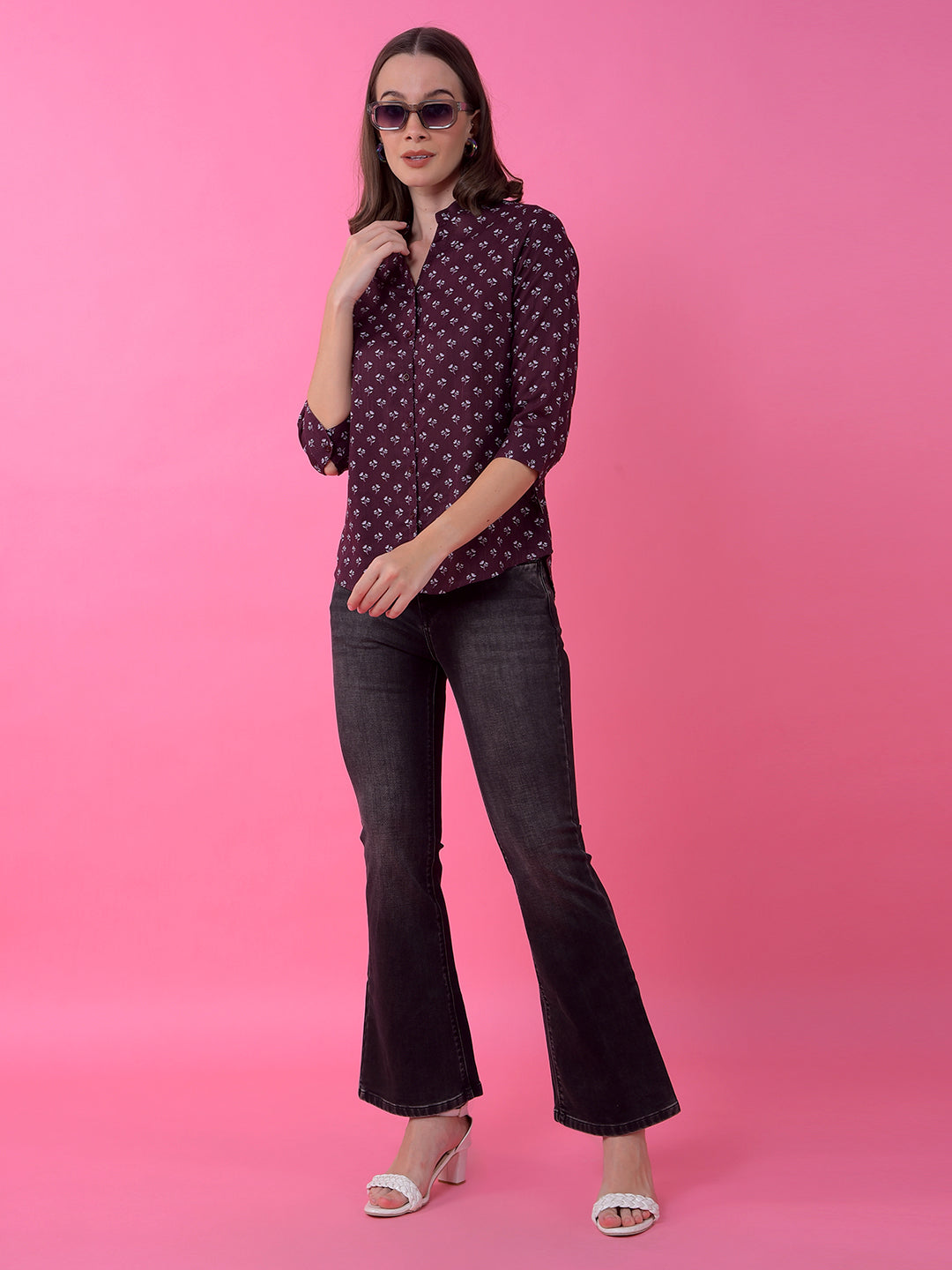 Wine Floral Print V-Neck Shirt