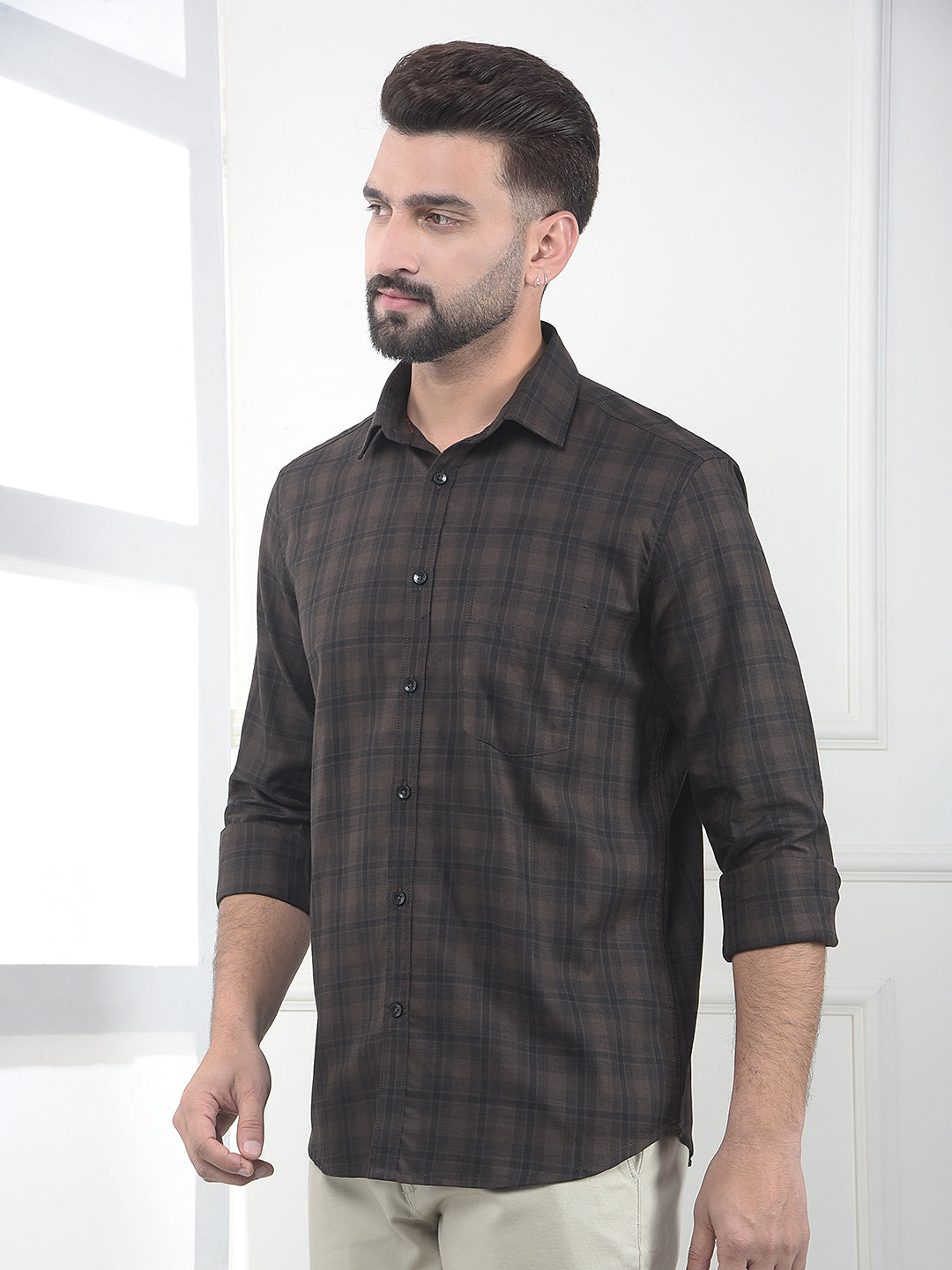 Brown Checked 100% Cotton Shirt