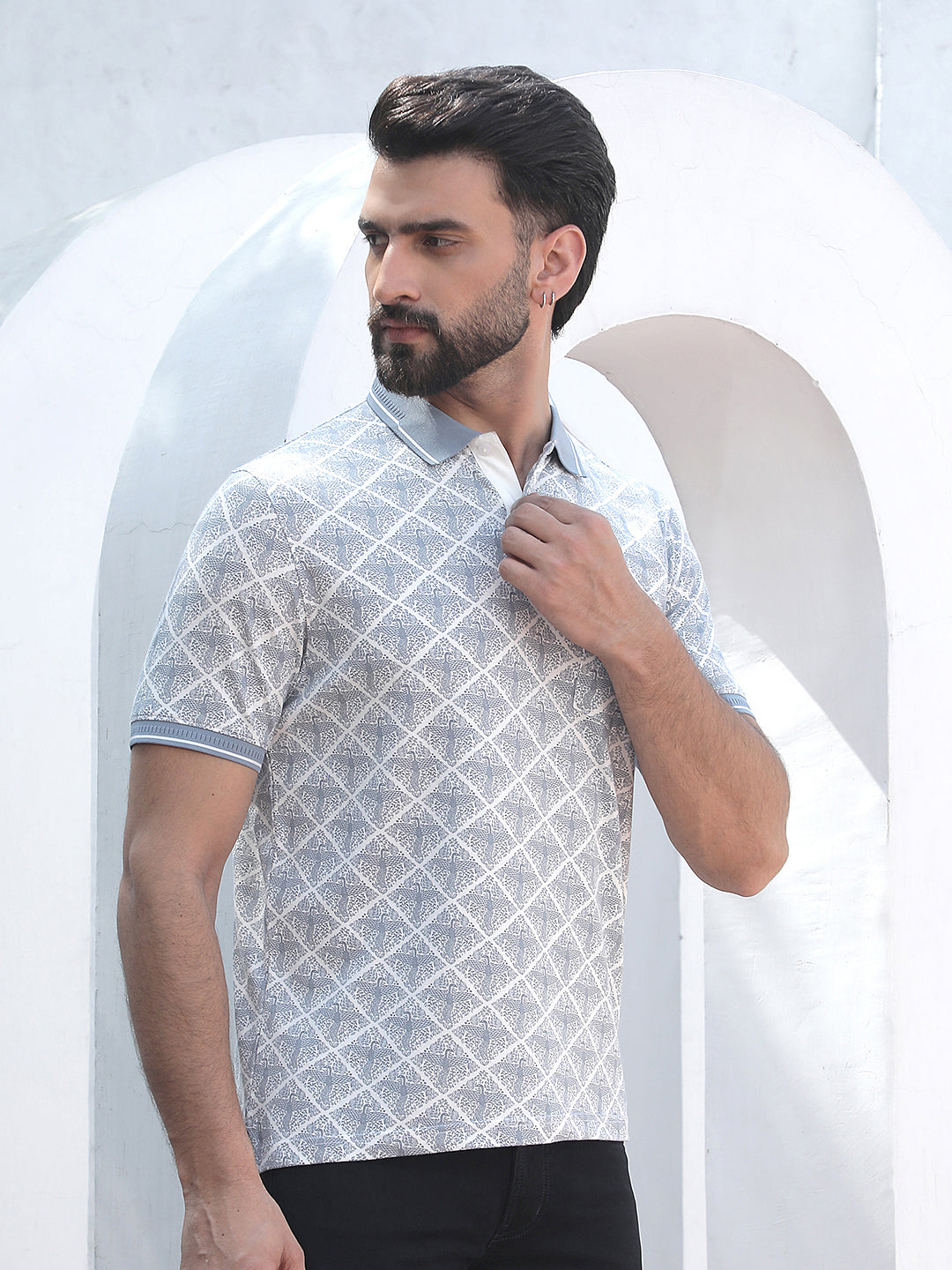 Blue Printed Polo Neck T-Shirt