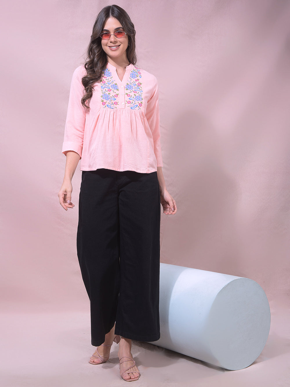 Pink Floral Embroidered V-Neck Top