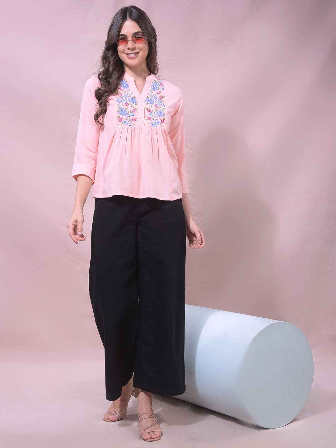 Pink Floral Embroidered V-Neck Top