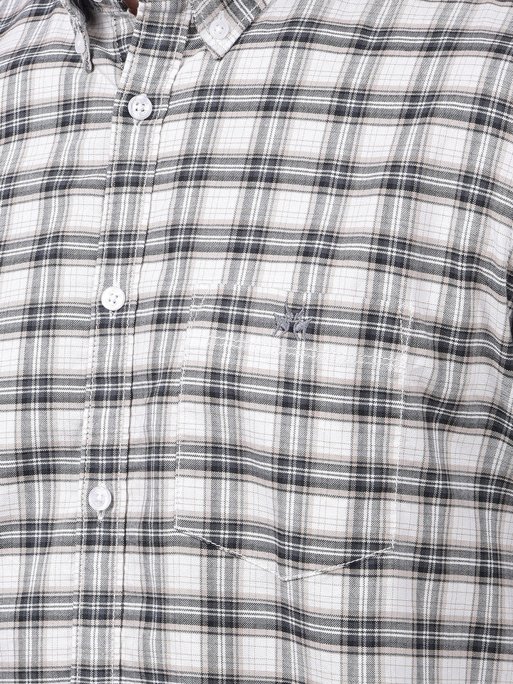 Beige Checked Button-Down Collar 100% Cotton Shirt