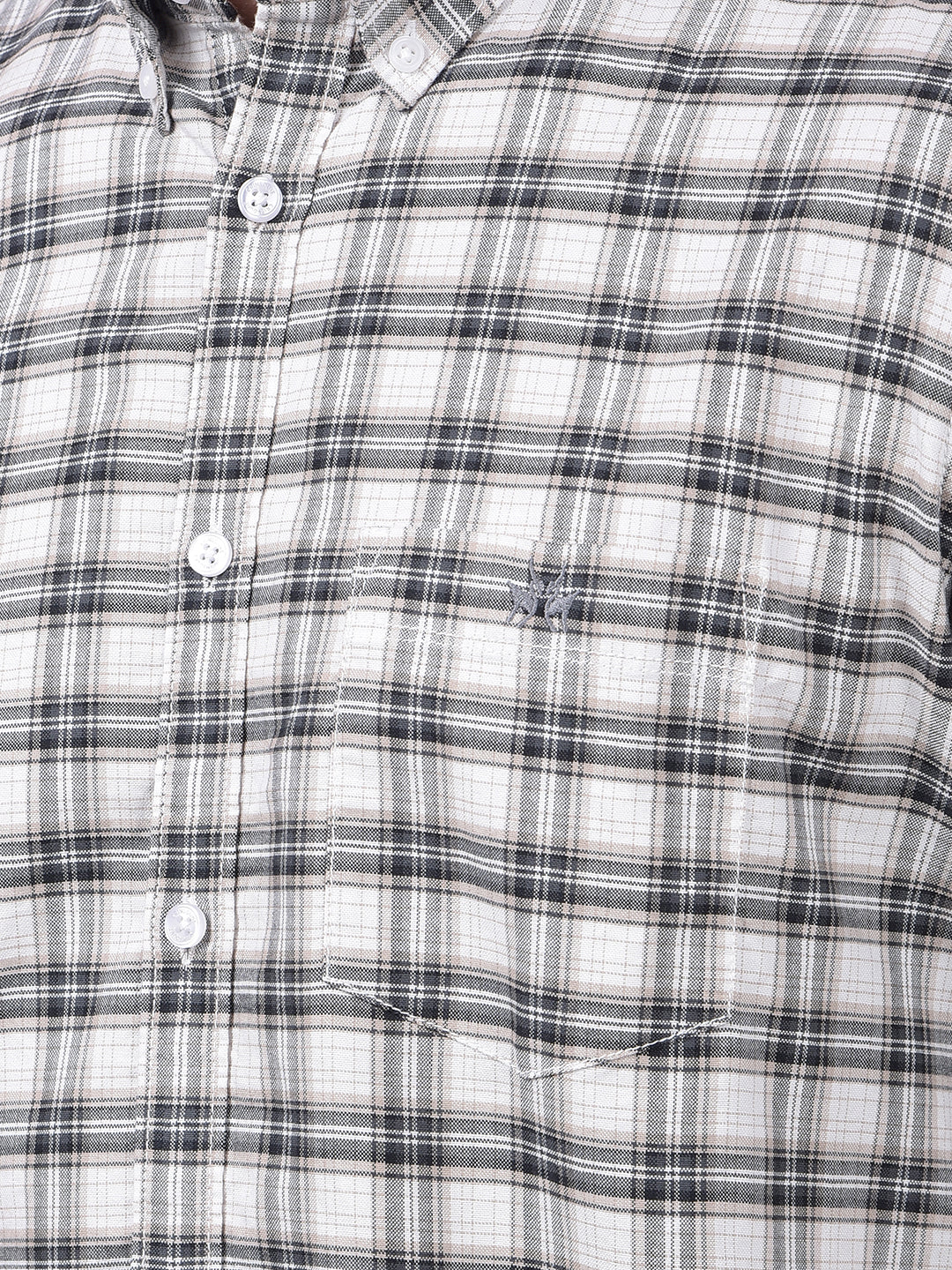 Beige Checked Button-Down Collar 100% Cotton Shirt