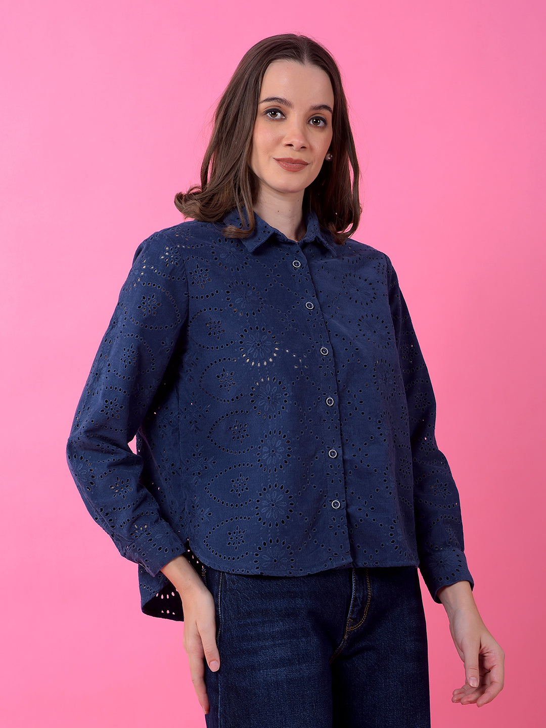 Navy Blue Embroidered 100% Cotton Semi-Sheer Shirt