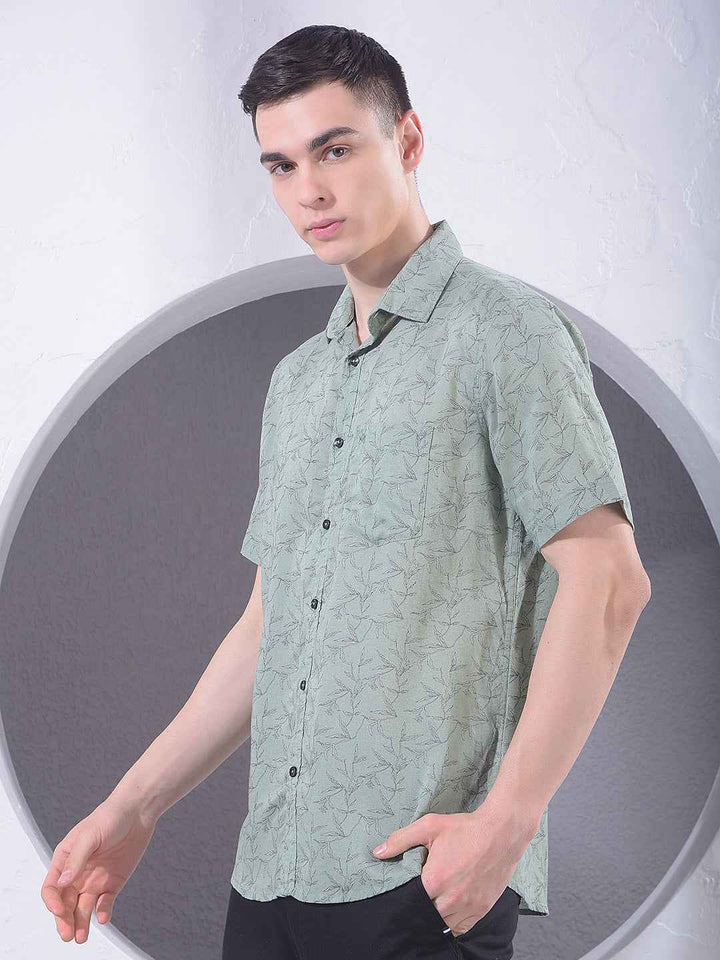 Green Floral Print Linen Shirt