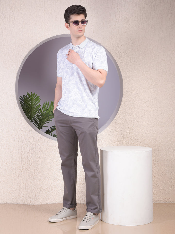 Grey Floral Print Polo-Neck T-Shirt