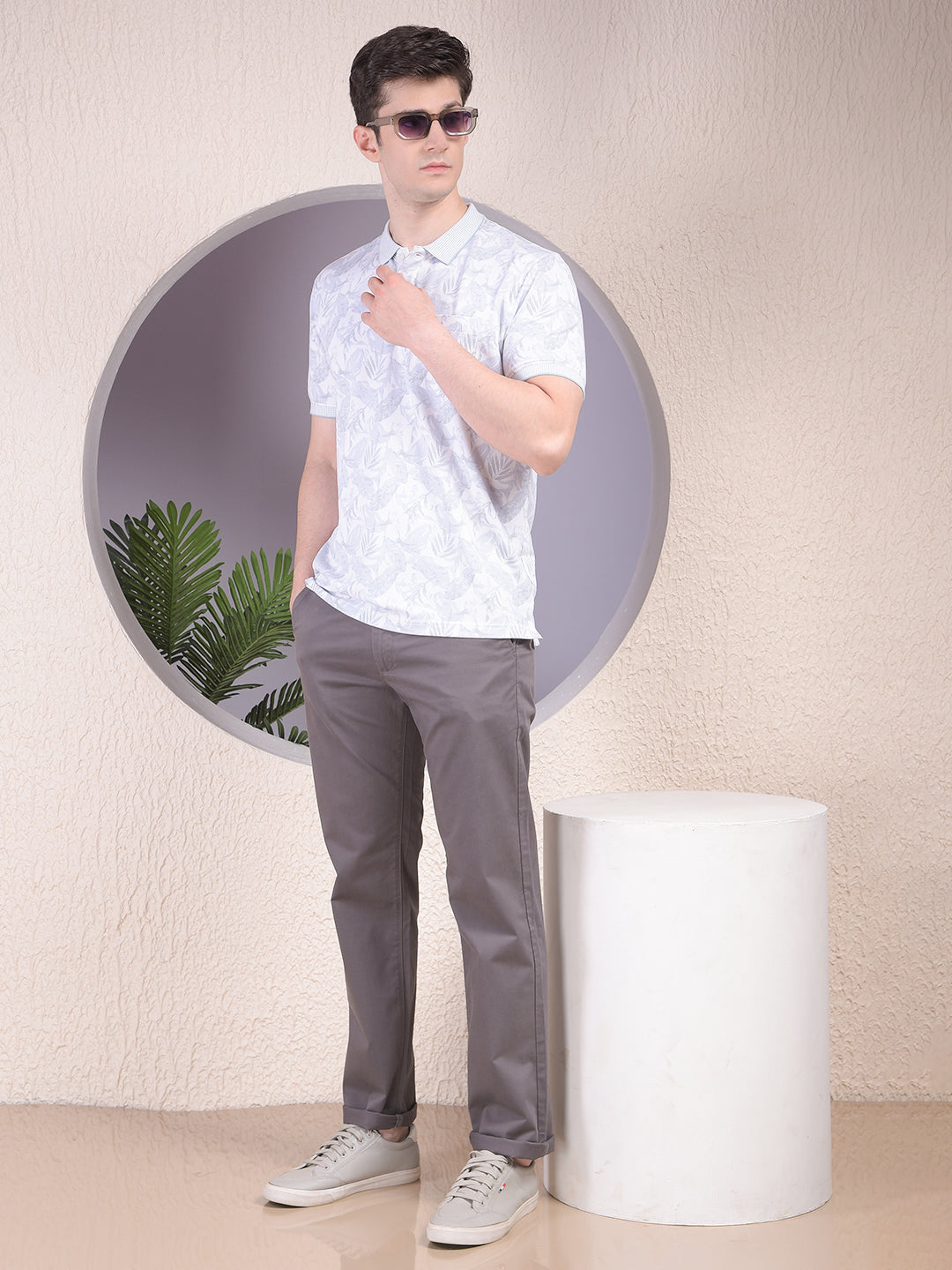 Grey Floral Print Polo-Neck T-Shirt