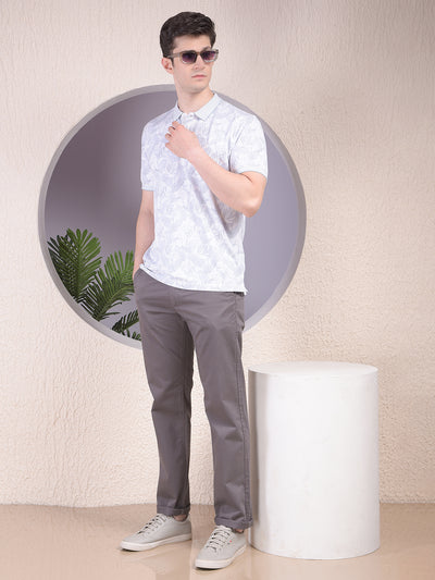 Grey Floral Print Polo-Neck T-Shirt