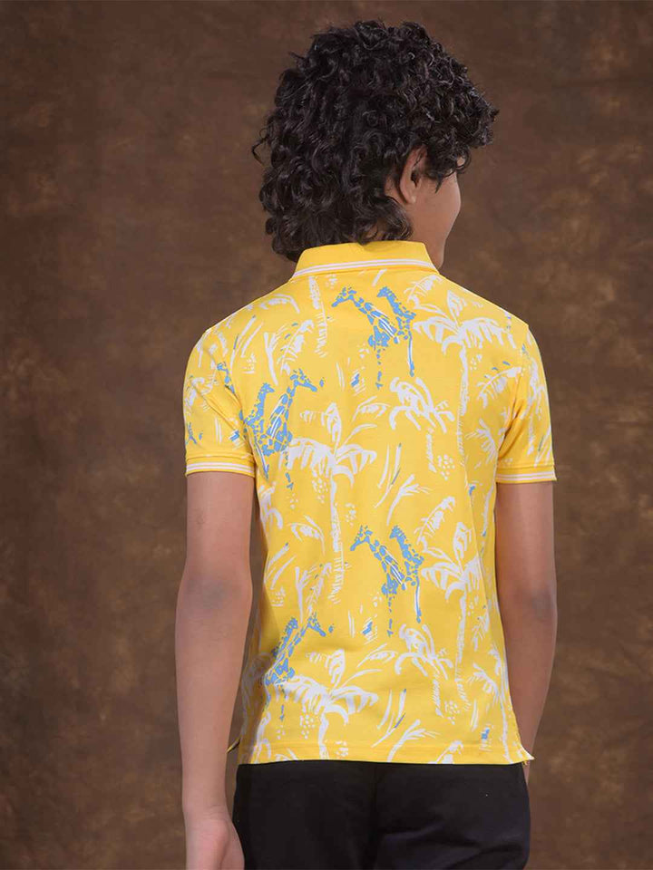 Yellow Floral Print Polo Neck T-Shirt