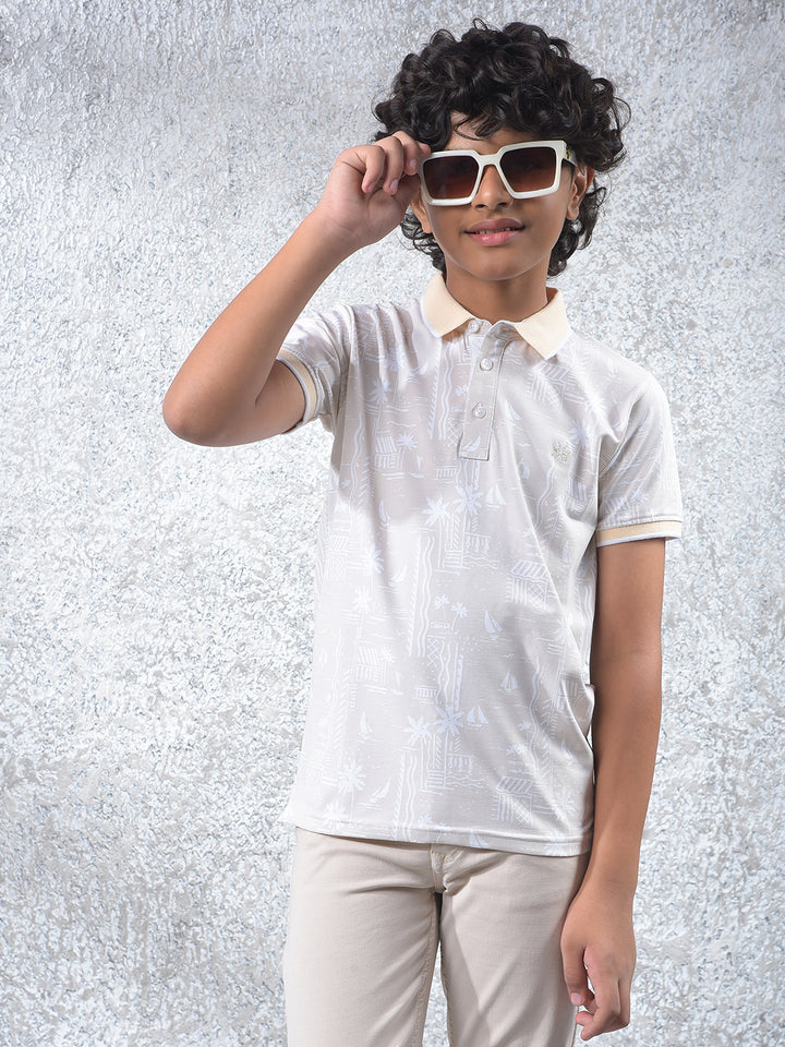 Peach Printed Polo Neck T-Shirt