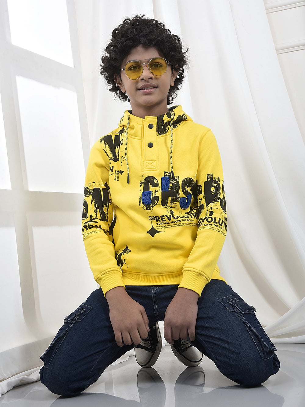 Yellow Typographic Print Hooded Neck Sweatshirt