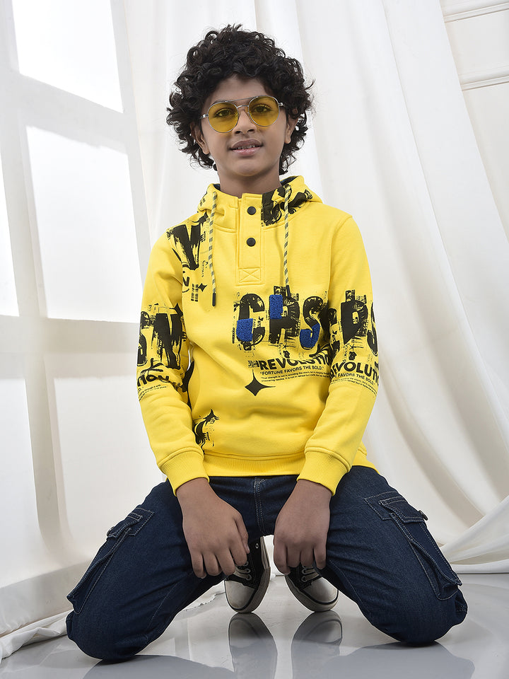 Yellow Typographic Print Hooded Neck Sweatshirt